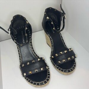 Marc Fisher Black Leather Studded Espadrille Wedge Sandals